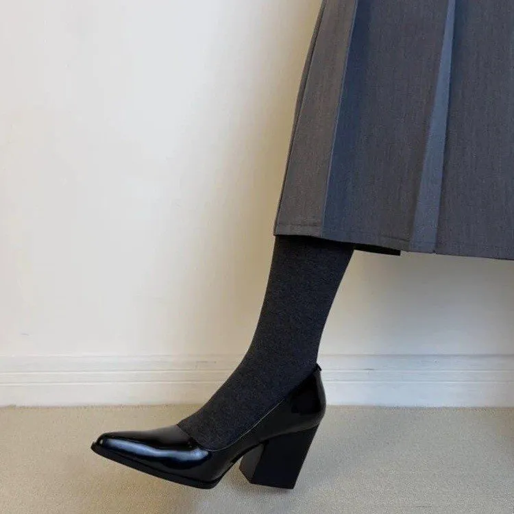 软皮版~复古通勤浅口黑色尖头浅口高跟鞋女不累脚真皮粗跟单鞋女