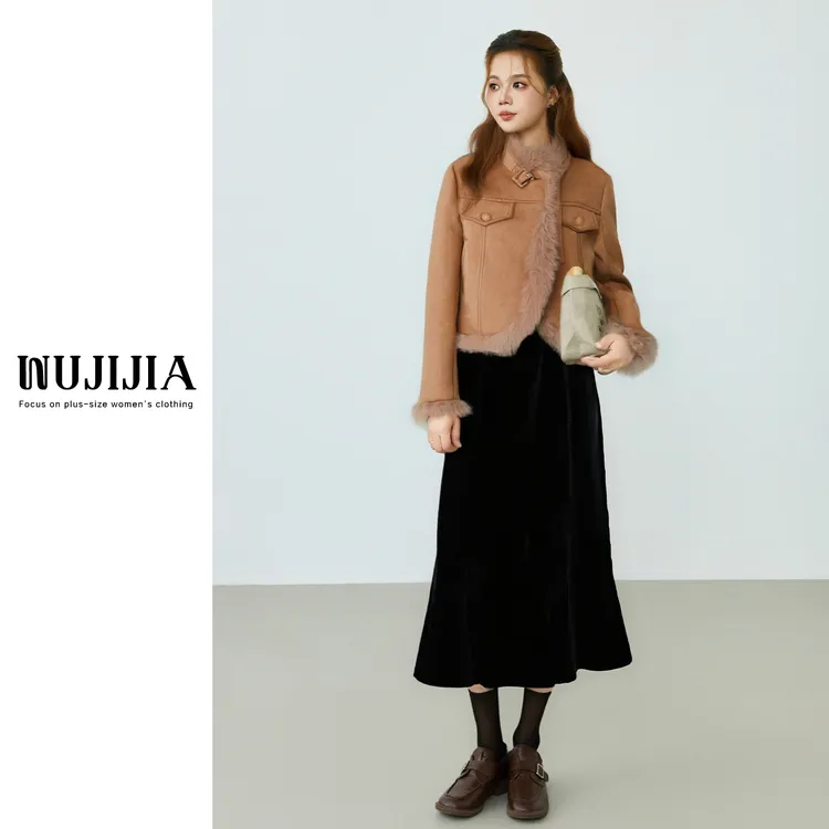 五季家大码冬季气质加厚保暖ZL113746上衣+ZL100991黑色半裙