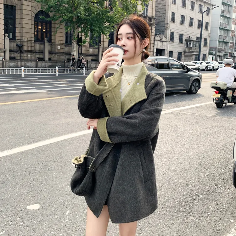 立领双面羊绒大衣女小个子2025新款高级感气质收腰系带毛呢子外套