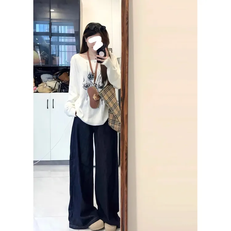 T137【RONZE潮流】春季原牛美式ins蓝灰色阔腿牛仔裤女宽松拖地裤子