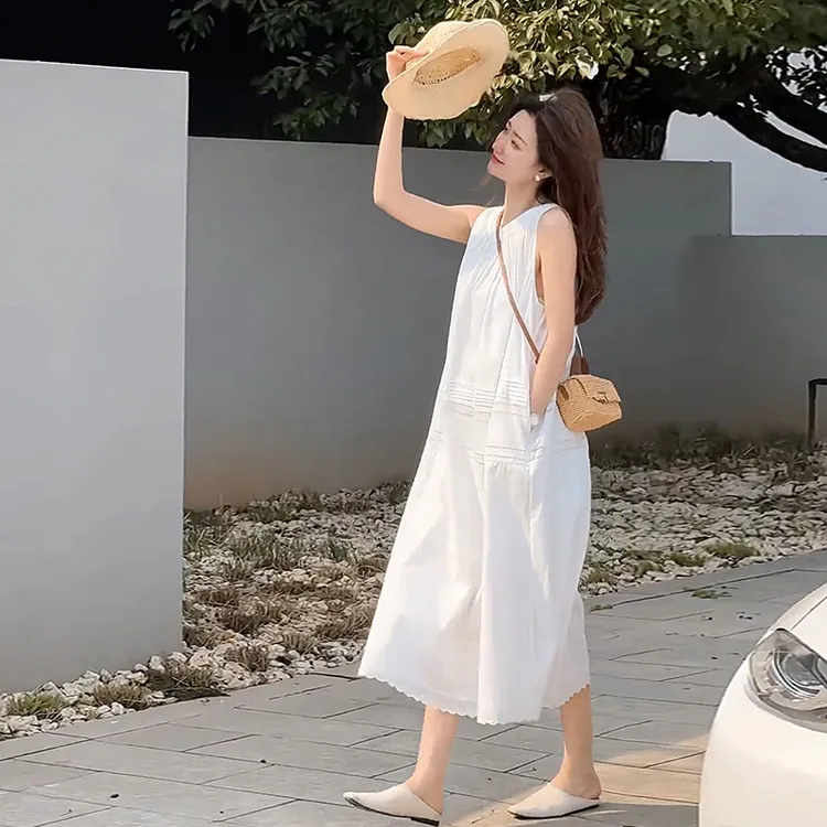 温柔风白色初恋无袖连衣裙子女夏季2025年新款高级感气质绝美长裙