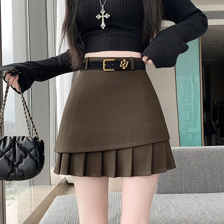 拉夏贝尔毛呢半身裙2025秋冬新款高腰显瘦百褶裙女防走光a字短裙