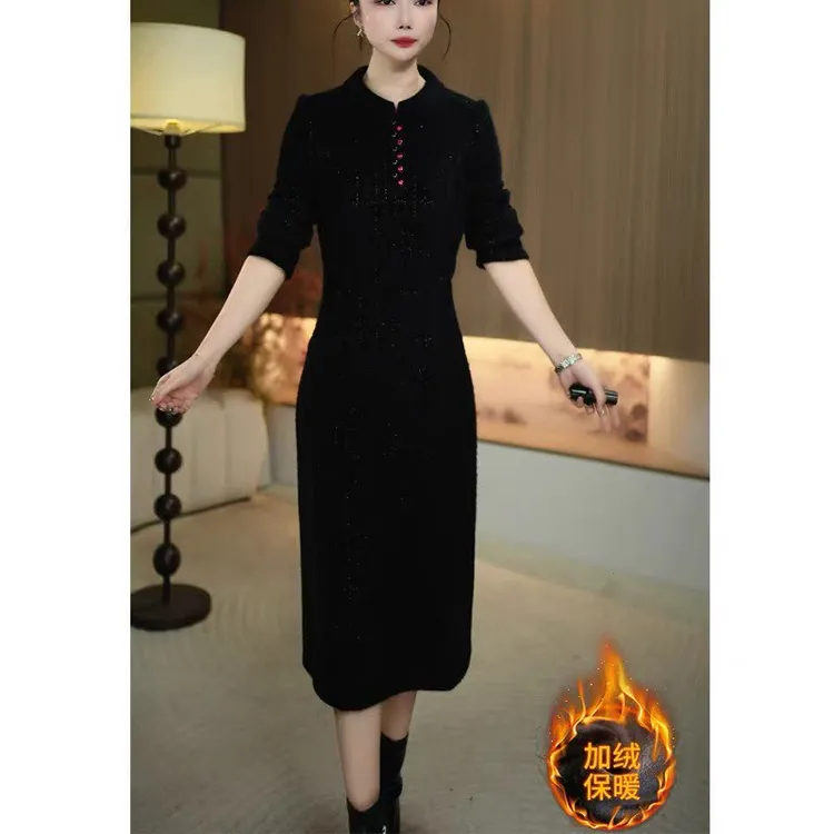 【暖晴川】秋季新款新款新中式减龄娃娃领中长款气质连衣裙