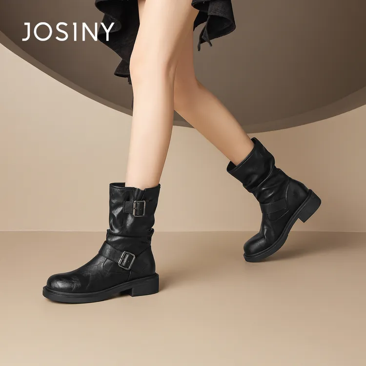 卓诗尼美拉德粗跟褶皱短靴女2025新款秋冬复古英伦棕色增高马丁靴