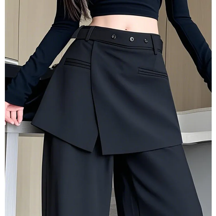 黑色假两件屁帘西装阔腿裙裤女2025春新款高腰垂感直筒拖地长裤潮