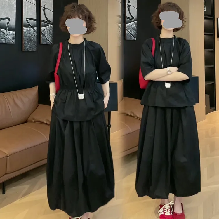 韩版设计感褶皱收腰时尚套装女春夏季时尚高腰显瘦洋气花苞裙套装