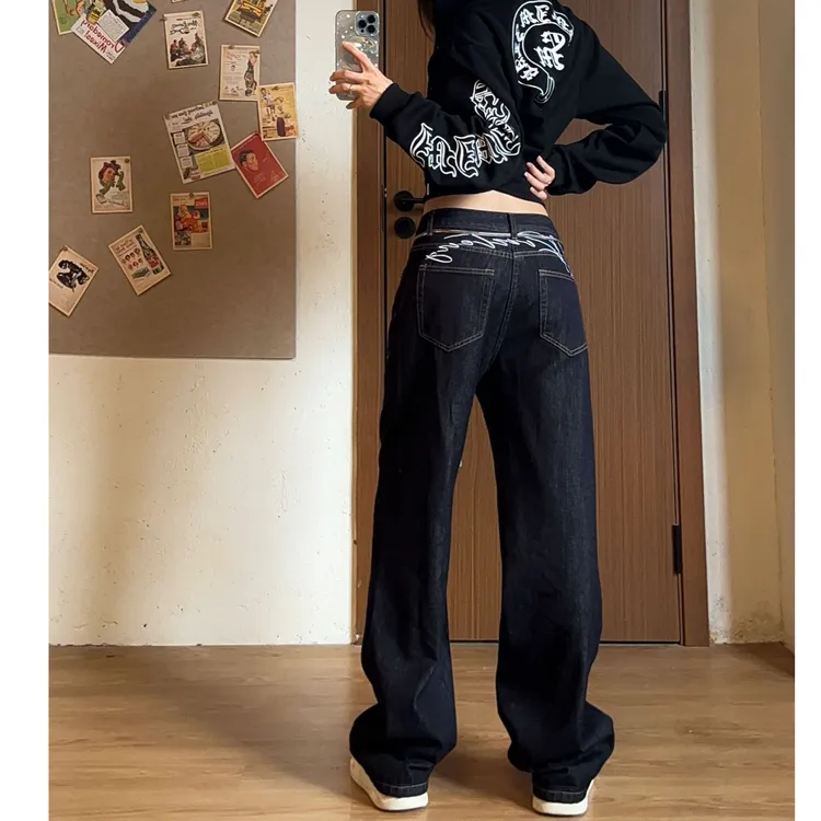 WANWAN同款超帅牛仔裤慵懒风刺绣直筒裤做旧设计感美式慵懒风裤子
