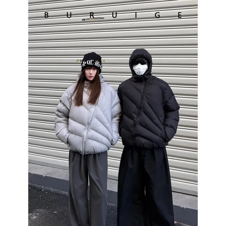 BURUIGE双拉链放射线斜拉链解构连帽棉服男女冬季防风保暖棉衣