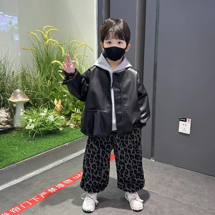 儿童套装2025新款男童卫衣春秋装帅气穿搭男孩宝宝韩版皮衣三件套