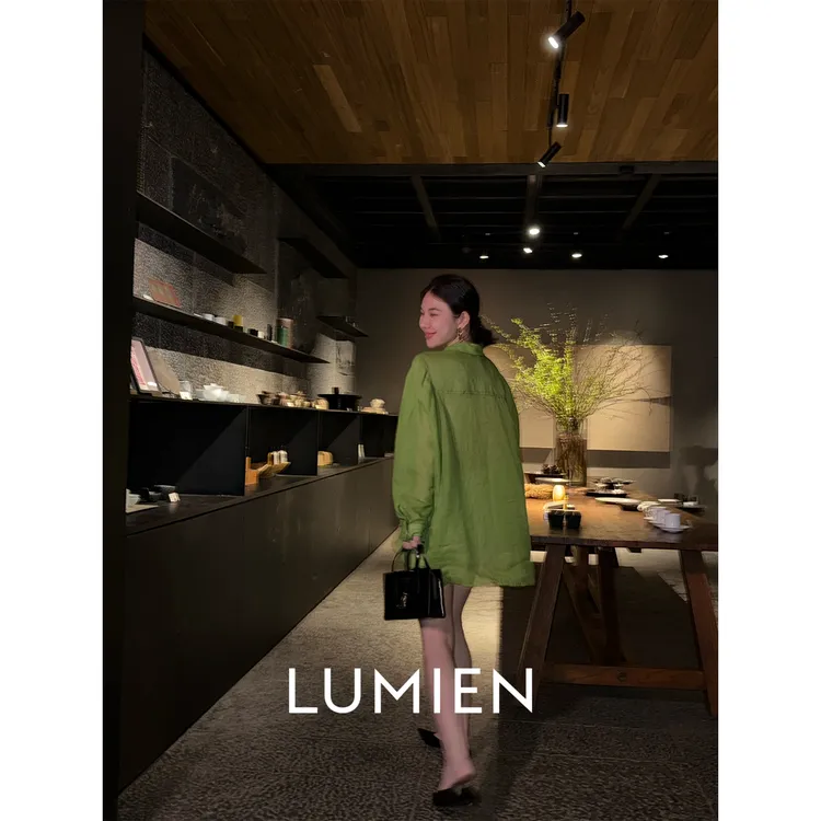【LUMIEN】“一见欢喜”轻薄蝙蝠袖100纯苎麻牛油绿衬衫女LX5DCC169