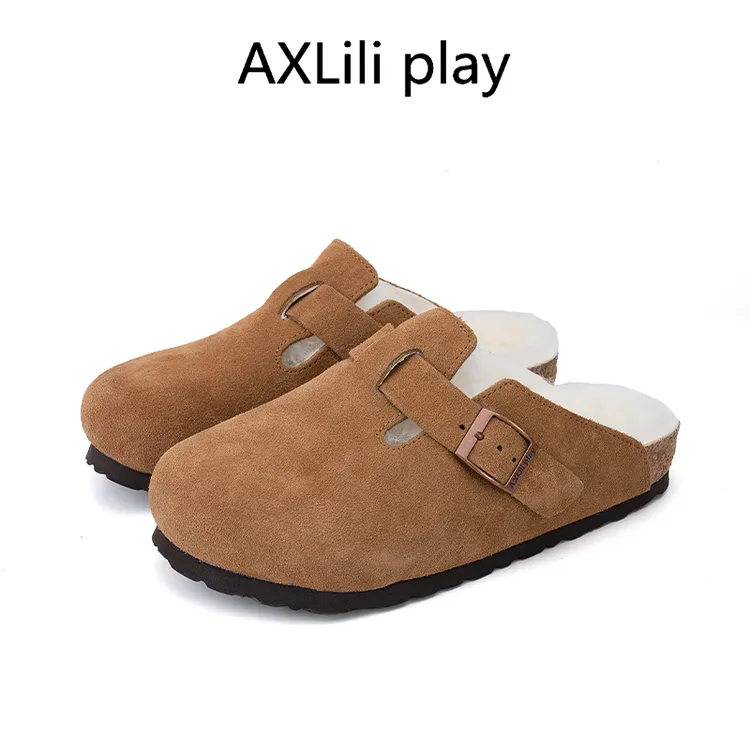 男女秋冬外穿勃肯鞋羊毛半拖情侣一脚蹬懒人棉拖加绒牛皮反绒鞋面