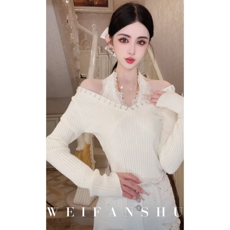 WEIFANSHU/魏凡舒【首尔星眠】秋冬新款百搭设计感蕾丝挂脖露肩上衣