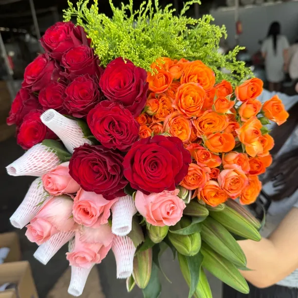 红玫瑰10枝+粉玫瑰10枝+百合10花苞+多头3枝+配草1扎+营养液2包