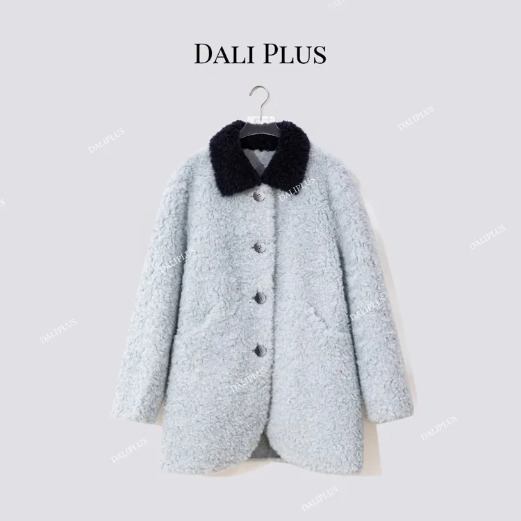 DALI PLUS“藏青领拼蓝色颗粒毛”中长款100绵羊毛外套-D5SC0035