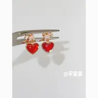 铜合金锆石耳饰 L2-092【粉金小狗白锆坠红爱心迷你耳钉】
