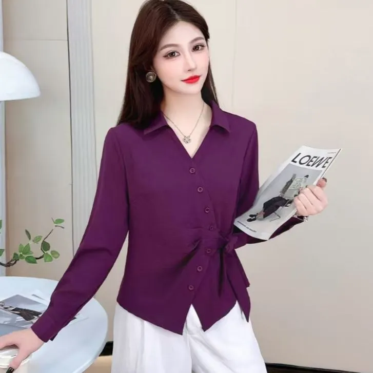 翻领长袖系带秋季新款标准休闲风衬衫衬衣显瘦百搭减龄小衫