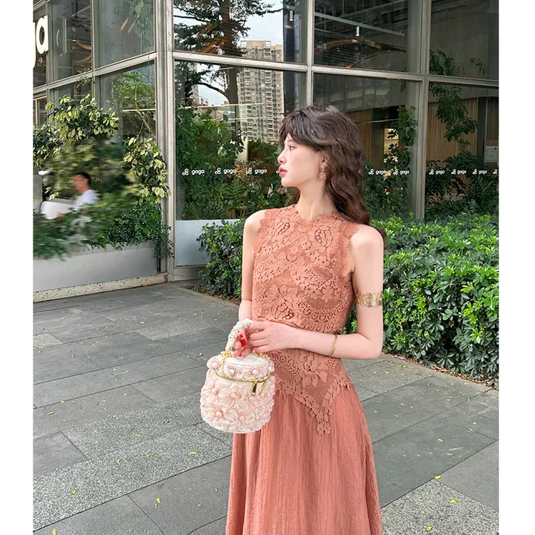 现货一生罗曼【颐和金桂】法式度假风镂空蕾丝修身气质裙子L1373