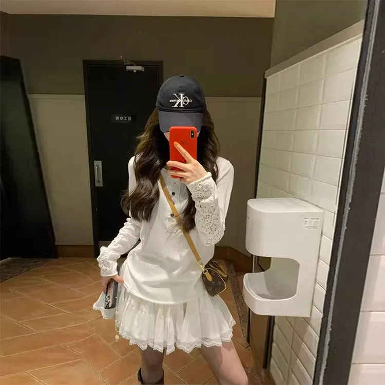 慵懒松弛感蕾丝镂空刺绣长袖T恤女夏季小个子宽松防晒亨利衫上衣