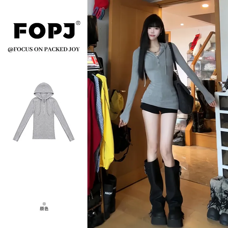 FOPJ美式春秋款简约辣妹修身性感显瘦半开扣连帽收腰内搭长袖上衣