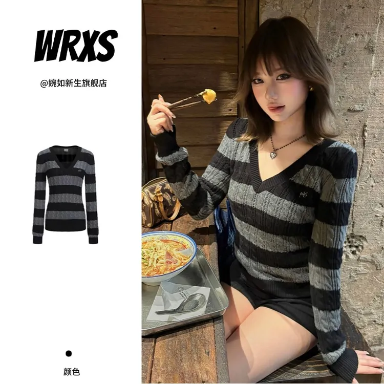 【婉如新生】韩系v领黑灰条纹毛衣针织衫女2025秋冬新款显瘦修身上