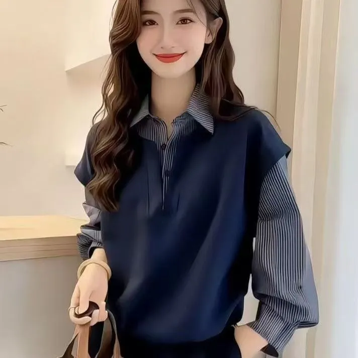 秋冬新款时尚假两件衬衫翻领拼接条纹外穿卫衣多巴胺女士上衣