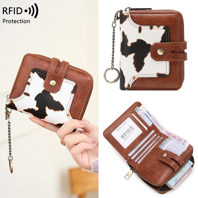 跨境新款RFID防盗刷女士钱包链条钥匙扣零钱包撞色印花短款小钱包