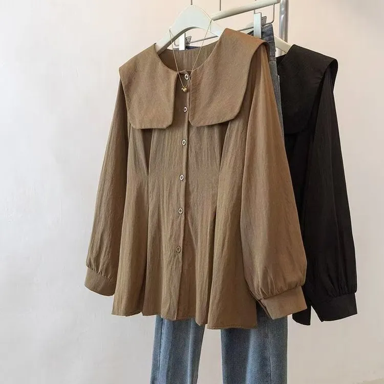 大码女装2025春季新款时尚胖mm休闲收腰纽扣宽松显瘦长袖衬衫上衣