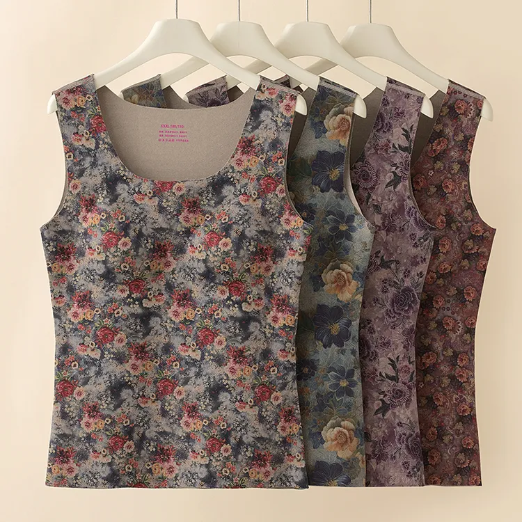 秋冬中老年人女士妈妈德绒印花无痕保暖背心免穿带胸垫内穿打底衣