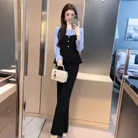 【沐紫】【两件套】女装超好看小香风又a又飒拼色上衣裤子套装女D3547