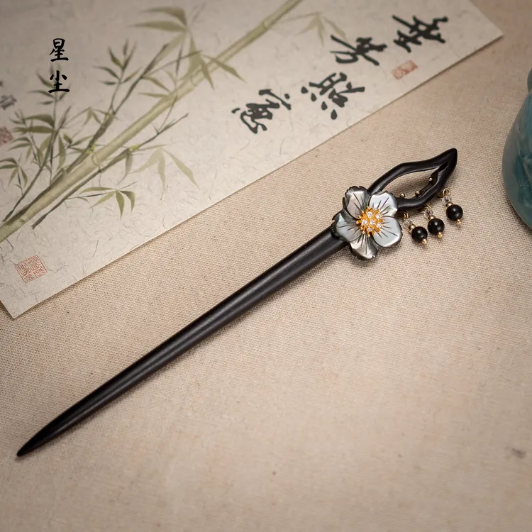 正宗紫光黑檀木发簪木质深海黑蝶贝发簪手工流苏日常百搭精致发簪