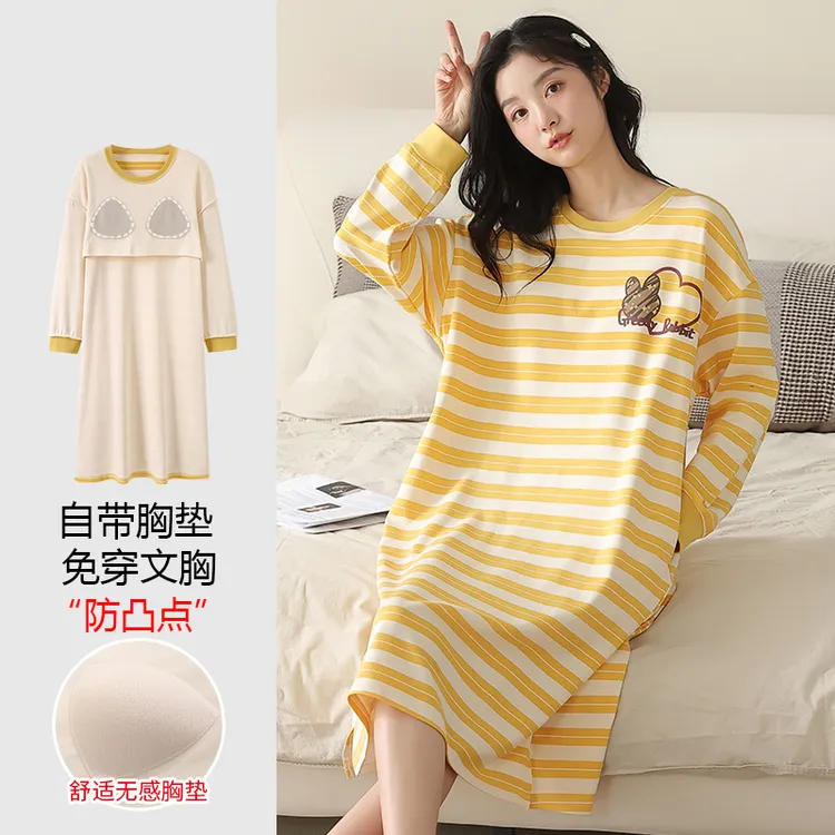 浪莎睡裙带胸垫女款纯棉春秋长袖大码孕妇中长款休闲家居服可外穿