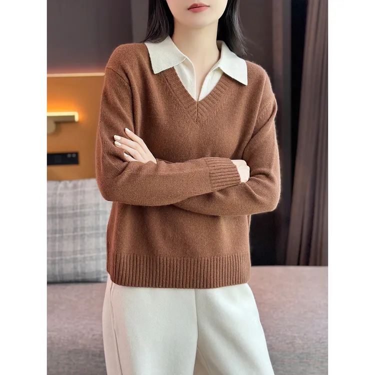 左左家 高端P簰元柜~假两件翻领撞色100%羊绒宽松软糯毛衣针织衫