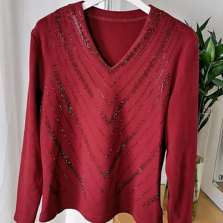 红色烫钻内搭秋季长袖秋季女士酒红V领T恤网红V领