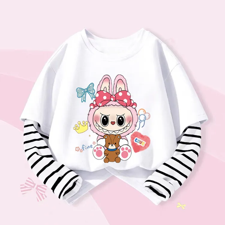 纯棉T恤女童拉布布长袖假两件上衣春秋洋气男女童labubu打底衫