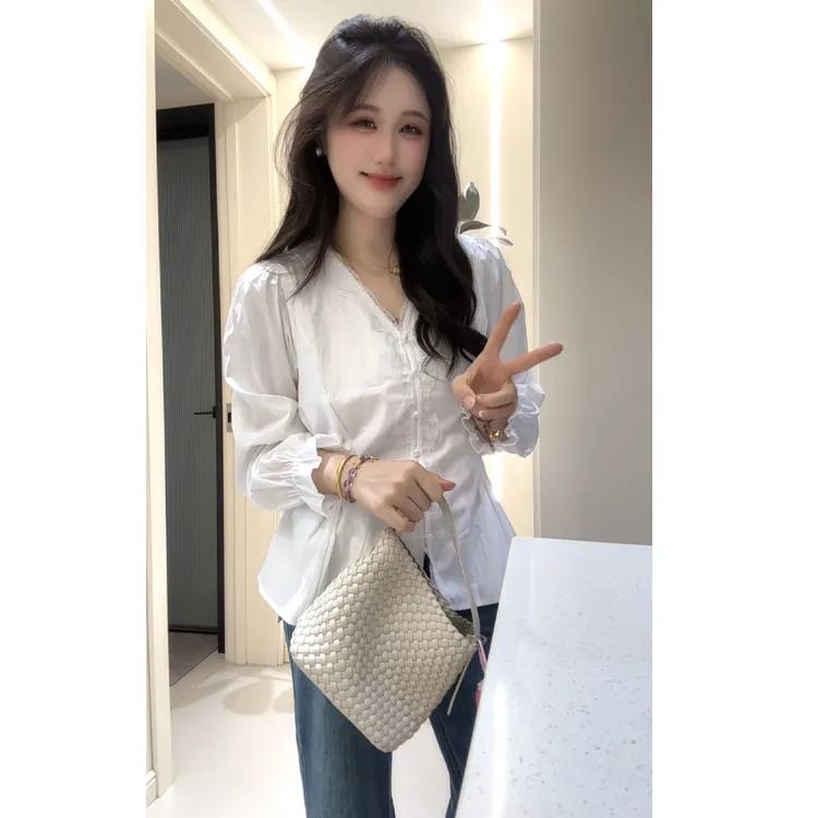 【运费补贴】2025秋新款大码女装胖MM蕾丝拼接长袖衬衫显瘦上衣8287