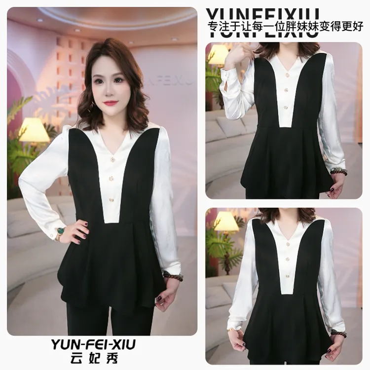 云妃秀大码女装T恤拼接假两件法式气质风宽松显瘦遮肉胖妹妹2752