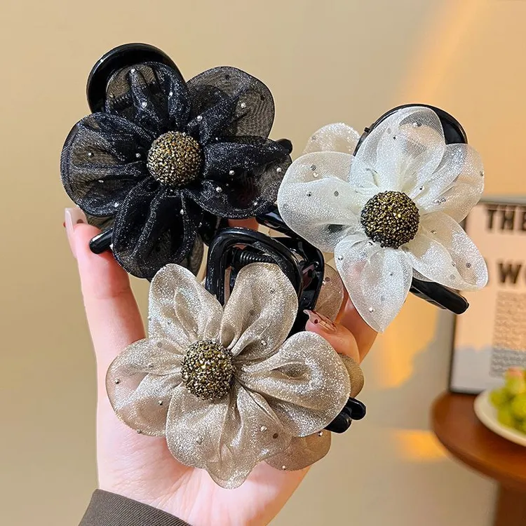 网纱水钻花朵抓夹女新款鲨鱼夹高马尾发饰女生气质网红百搭盘发