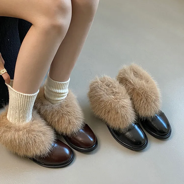 加厚加绒短靴女冬季毛毛鞋2025新款法式女靴子平底短筒保暖雪地靴