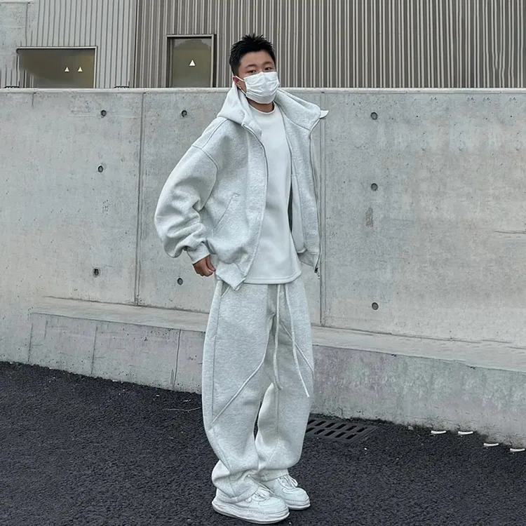 大码春秋美式重磅休闲运动套装男士时尚宽松连帽外套直筒裤两件套