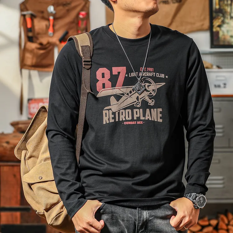 季言男装长袖t恤2025新款纯棉 美式复古内搭上衣男圆领印花打底衫