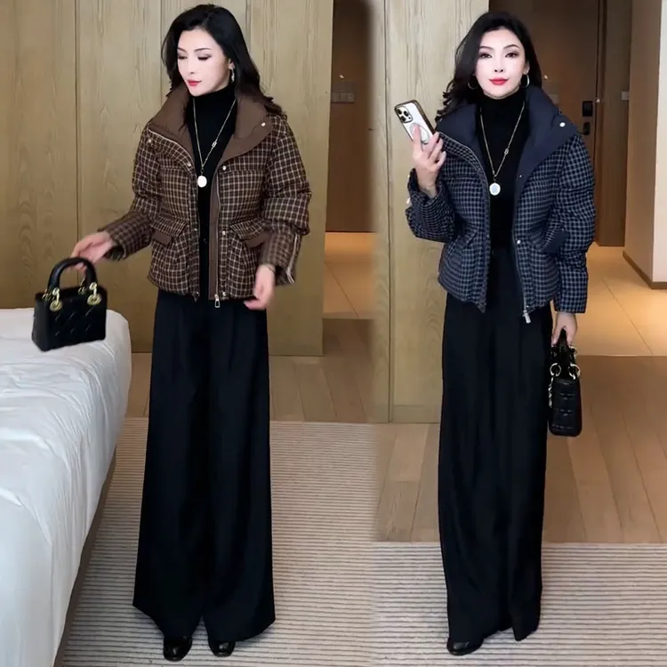 时尚设计感加厚保暖立领棉服女2025冬季新款洋气显瘦格纹短款外套