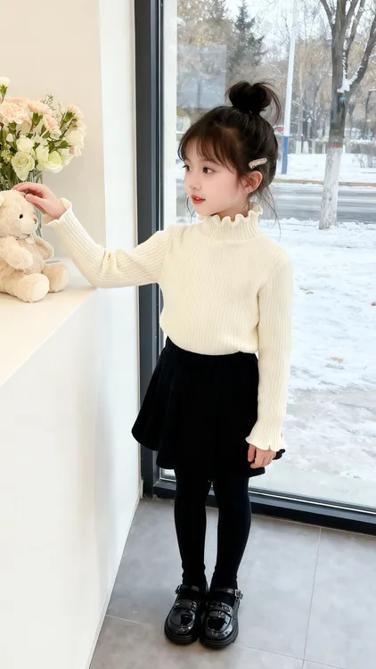 女童毛衣针织加绒款加厚女圆领女宝春秋法式毛衣半高领厚款
