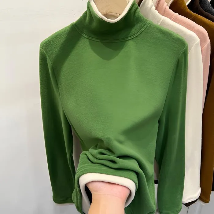 绿色高领长袖打底衫女秋冬德绒加厚拼色上衣保暖百搭正肩磨毛T恤