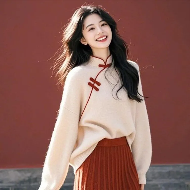 新中式国风盘扣针织衫上衣女春秋季2025年新款时尚设计感百搭毛衣