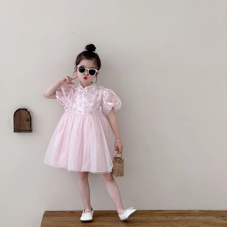 童装儿童盘扣旗袍裙碎花网纱裙女童中夏季女童碎花改良旗袍裙