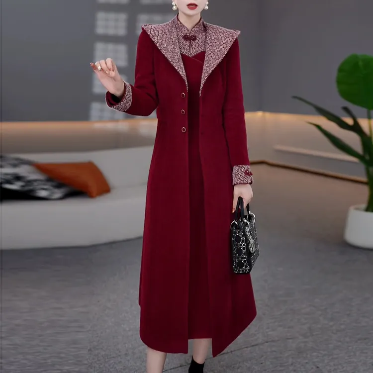 喜婆婆婚宴装套裙女冬季2025新款减龄连帽大衣+中式连衣裙两件套