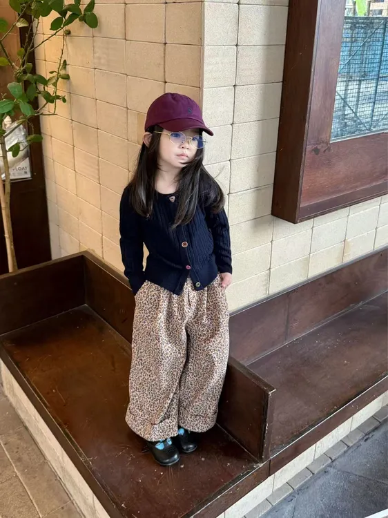 小思家2025年秋季新款女童韩版针织开衫外套豹纹休闲裤套装