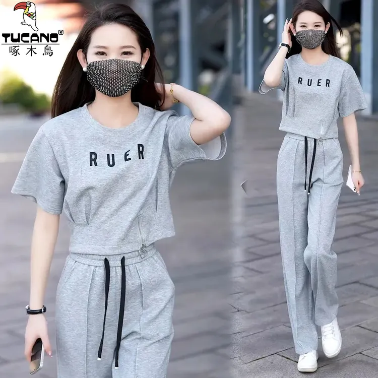 啄木鸟纯棉女装夏季短袖运动服套装女夏装一整套休闲运动装两件套