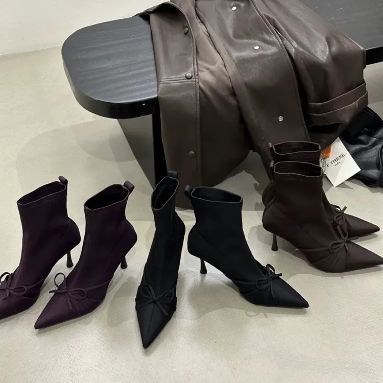 秋冬法式套筒气质蝴蝶结2025年新款黑色绝美尖头细跟不累脚瘦瘦靴