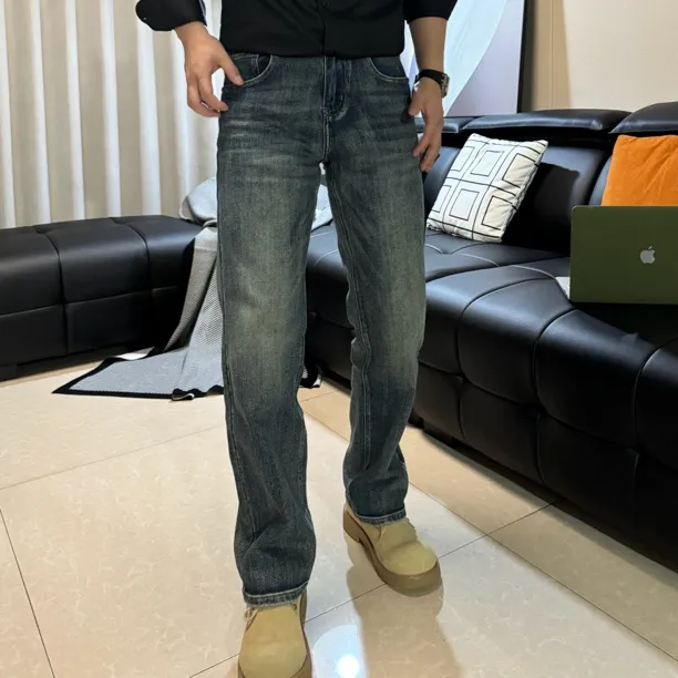 恩吧男牛仔裤子男士休闲百搭复古宽松水洗做旧时尚直筒裤秋季夏季